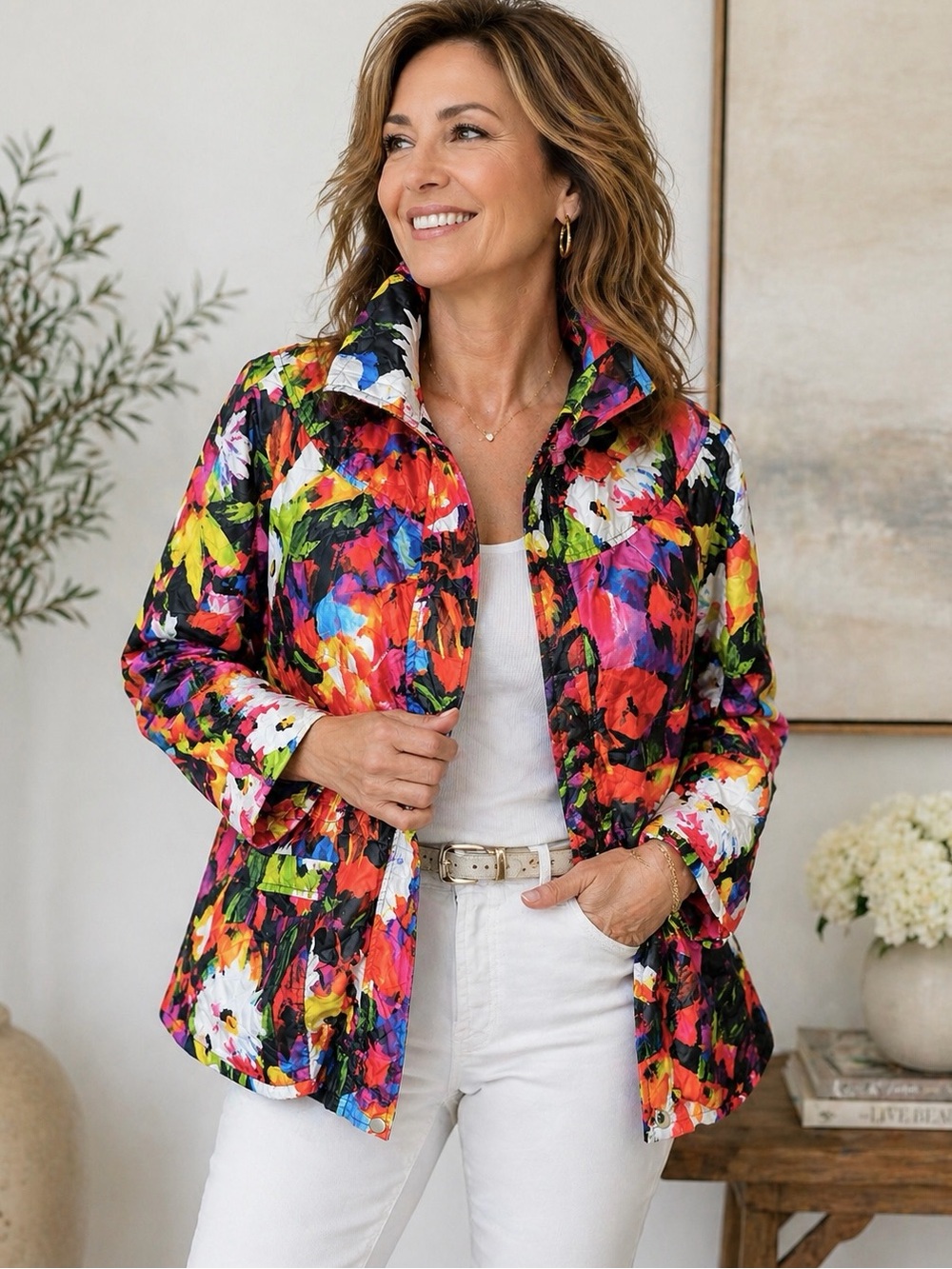 UBU Colorful Floral Lightweight Jacket Small Zip Snap High Neck Cinch Waist